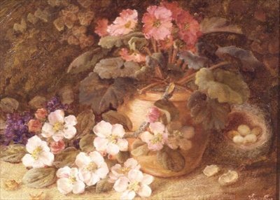 Natura morta con fiori di melo, primula e nido d