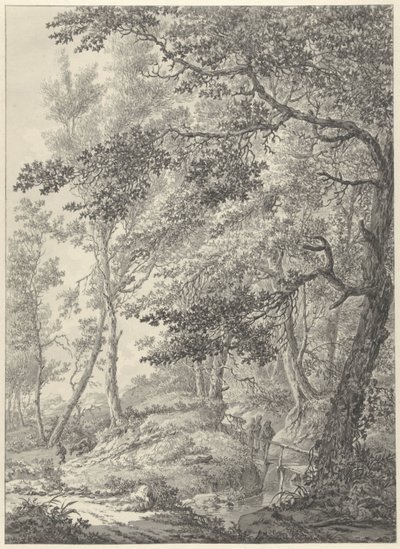 Paesaggio boschivo con un ponticello di legno e due escursionisti da Vincent Jansz. van der Vinne