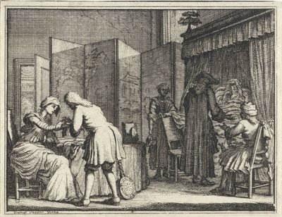 Figure intorno a un letto di malato e un medico che fascia una donna da Vincent Laurensz. van der Vinne (II)