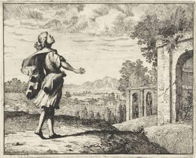 Uomo in un paesaggio che guarda verso il cielo da Vincent Laurensz. van der Vinne (II)