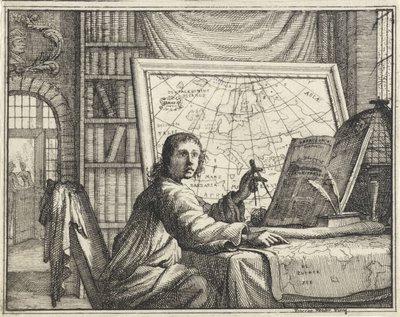 Uomo con compasso vicino a mappe da Vincent Laurensz. van der Vinne (II)