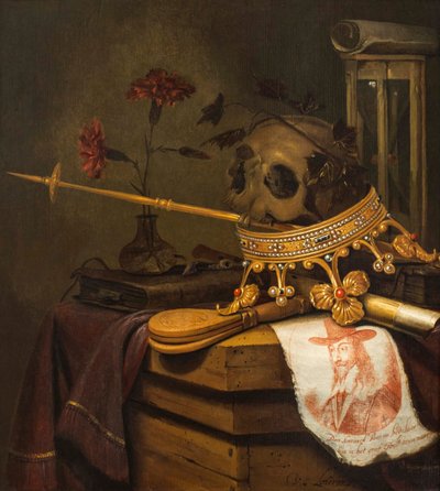 Vanitas con teschio, corona, scettro, flauto, soffietto, clessidra, garofani in un vaso di vetro, pergamena, libro e ritratto inciso di Carlo I da Vincent Laurensz van der Vinne