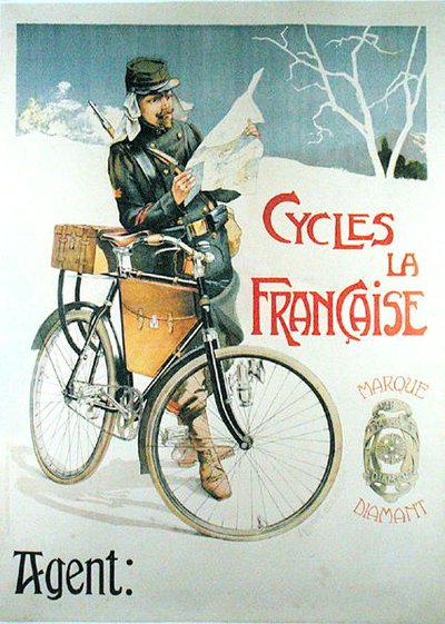 Soldato con la sua bicicletta che legge una mappa, poster pubblicitario per le biciclette 