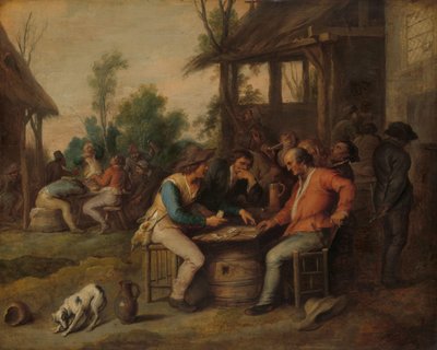 Due uomini che giocano a carte fuori da una locanda di campagna da Vincent Malò (II) (attributed to)