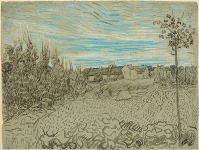 Cottage con una donna che lavora a metà campo da Vincent van Gogh
