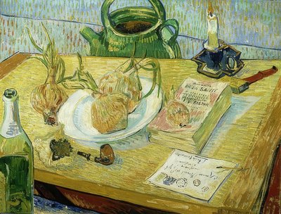 Natura morta con tavoletta da disegno, pipa, cipolle e ceralacca da Vincent van Gogh