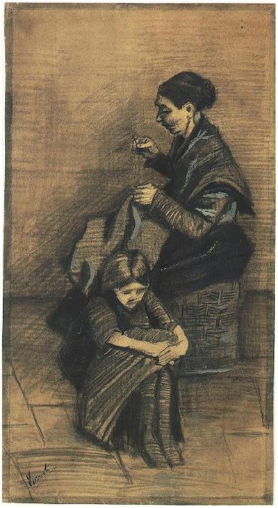 Sien seduta su un cesto con una ragazza da Vincent van Gogh