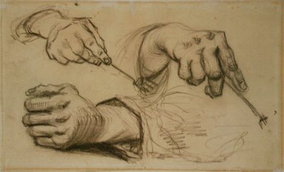 Studio, tre mani, due che tengono forchette da Vincent van Gogh