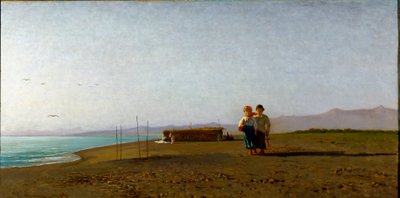 Vista della spiaggia di Viareggio al sole del mattino sulla costa toscana, due sagome di bambini da Vincenzo Cabianca