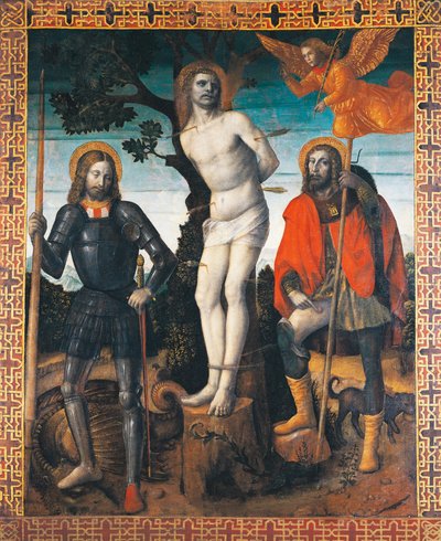 San Sebastiano, San Rocco e San Giorgio, lato posteriore dello stendardo processionale di Orzinuovi, di Vincenzo Foppa, pittura su tela da Vincenzo Foppa