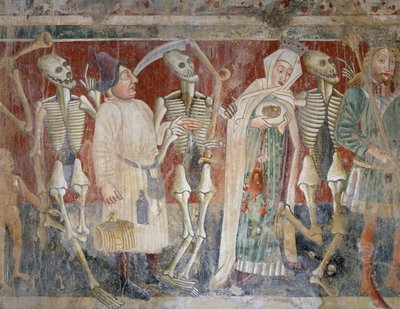 Vicino a Pazin, regina e mercante accompagnati dalla Morte, Danza della Morte (1474), (dettaglio) da Vincenzo di Castua