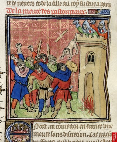 (dettaglio) di una miniatura della Terza Crociata dei Pastoureaux. Ebrei che gettano i loro figli da una torre, dopo il 1380 da Virgil Master