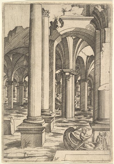 Barche remate attraverso rovine inondate, ca. 1550-62 da Virgil Solis