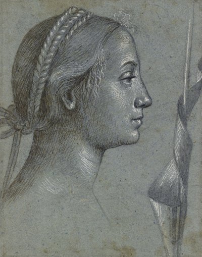 Recto: Testa di una donna con una bandiera avvolta attorno a un palo da Vittore Carpaccio