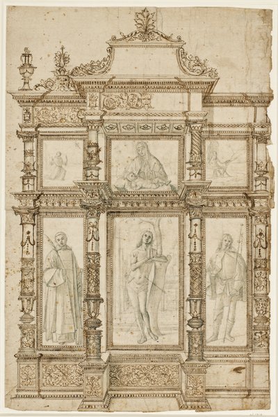 Studio per un altare con sei immagini inserite in una struttura ornata di cornici. In alto: La stigmatizzazione di San Francesco, Madonna col Bambino, San Girolamo nel deserto; in basso: Santi Lorenzo, Sebastiano e Rocco da Vittore Carpaccio