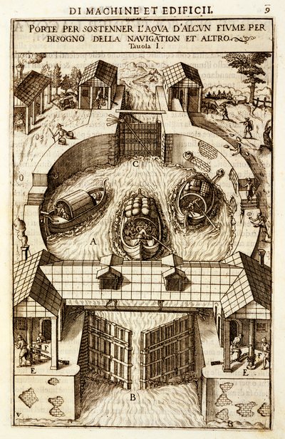 Macchina idraulica per una chiusa di canale o fiume, 1607 da Vittorio Zonca