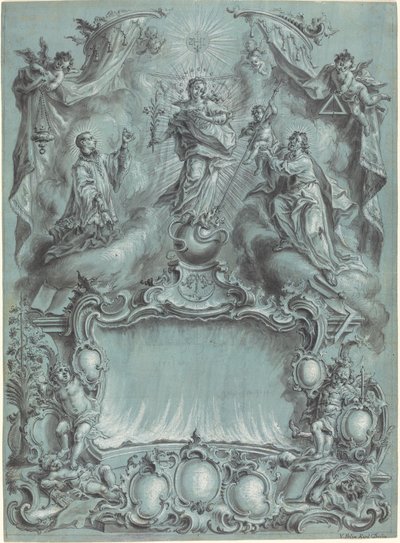Un elaborato scenario rococò con la Vergine e il Bambino e santi che sconfiggono il male, l