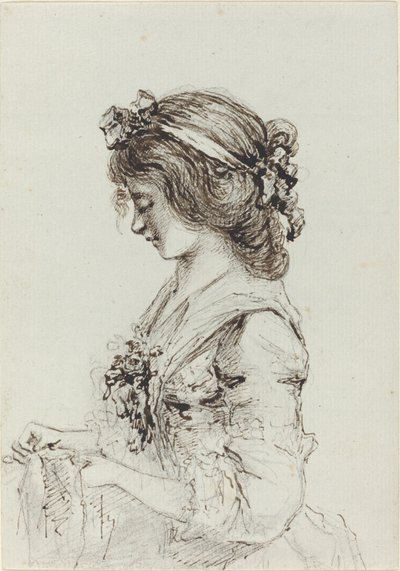 Una giovane donna che cuce [recto] da Vivant Denon