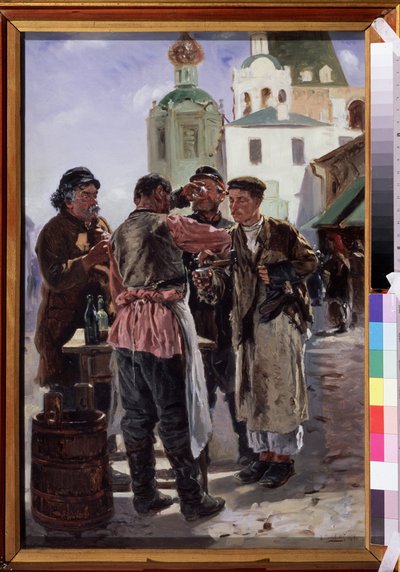 Venditore di Kvass. Bevanda fermentata e frizzante, leggermente alcolica e popolare, soprannominata birra di pane, bevanda nazionale russa da Vladimir Egorovic Makovsky