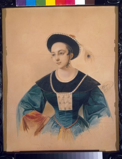 Ritratto della soprano Anna Stepanova nel ruolo di Peki ne "Il cavallo di bronzo" di Daniel Auber da Vladimir Ivanovich Hau