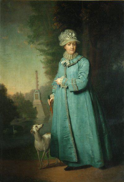 Caterina II passeggia nel parco di Tsarskoye Selo con la Colonna di Chesme sullo sfondo, 1794 da Vladimir Lukich Borovikovsky