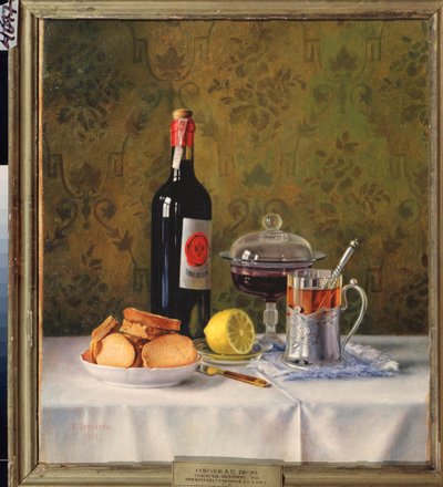 Un bicchiere di tè. Natura morta (Su una tovaglia bianca, con fette biscottate, mezzo limone, un recipiente per la marmellata e una bottiglia di vino) da Vladimir Pavlovich Sokolov