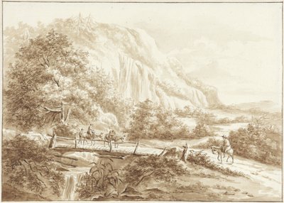 Paesaggio montano con viaggiatori su asini che attraversano un ponte di legno da W.C.E. Roelofs