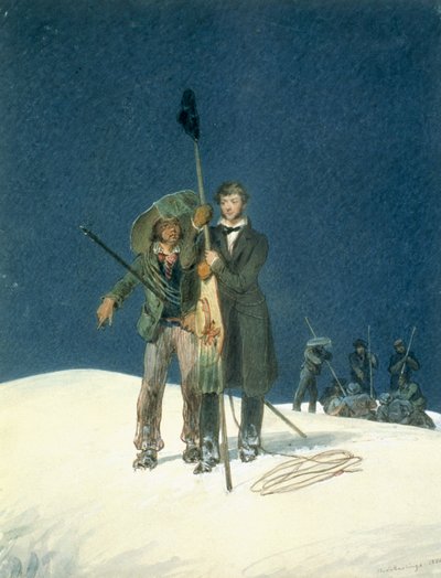 Charles Fellows con William Hawes, pianta un bastone sulla vetta, incluso come inserto in A Narrative of an Ascent to the Summit of Mont Blanc di Charles Fellows, pubblicato nel 1827 da W.S. Hastings