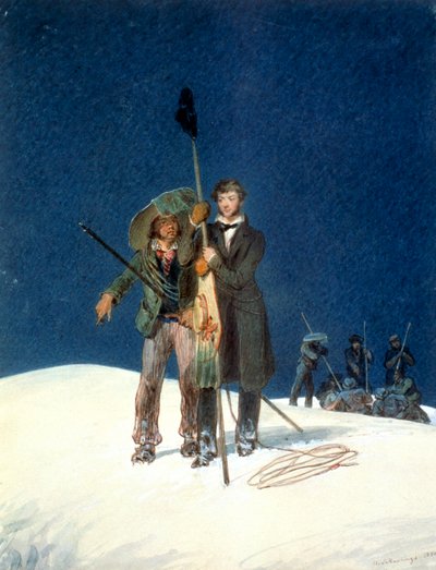 Charles Fellows con William Hawes, pianta un bastone sulla cima del Monte Bianco, 1827 da WS Hastings