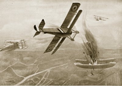 La battaglia aerea del capitano Hawker con tre aeroplani tedeschi, 25 luglio 1915, illustrazione da 