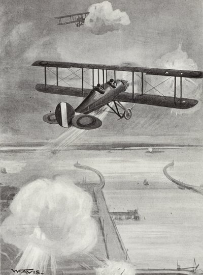 Squadron-Leader Richard Davies e Flight-Lieutenant Richard Peirse che sganciano bombe sulla stazione sottomarina di Zeebrugge sotto pesante fuoco, 23 gennaio 1915 da W. Avis