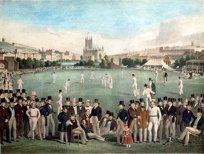 Una partita di cricket tra Sussex e Kent nel 1840, pubblicata da S. Lipschitz, Londra, c.1849 (incisione colorata) da W. and Basebe Charles (after) Drummond