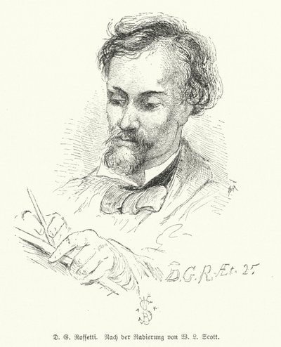 Dante Gabriel Rossetti, poeta, illustratore, pittore e traduttore britannico, uno dei fondatori della Confraternita dei Preraffaelliti (litografia) da W. Bell (after) Scott