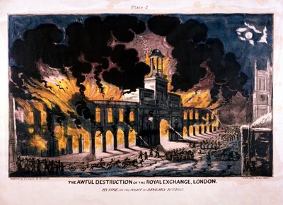 La terribile distruzione della Royal Exchange, secondo incendio, Londra da W Clerk