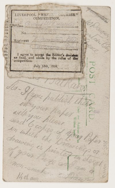 Cartolina al redattore del Liverpool Weekly Courier, 14 agosto 1918 da W. Dawson