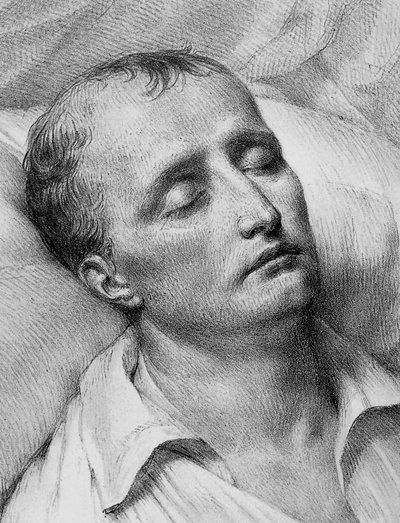 Ritratto di Napoleone Bonaparte (1769-1821) sul letto di morte, litografia da John Ward Dunsmore