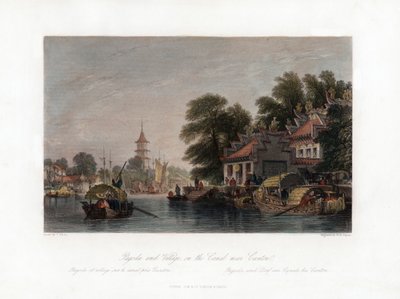 Pagoda e villaggio, sul canale vicino a Canton, Cina, c1840 da W. H. Capone