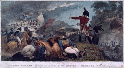 Il generale Graham sconfigge i francesi alla battaglia di Barrosa, inciso da J. Edwards, pubblicato da Almanack Stationers, 1812 da W. Hal Brooke