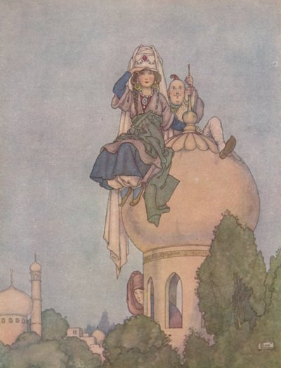 Lei sedeva tutto il giorno sul tetto del suo palazzo, aspettandolo, c1930 da William Heath Robinson