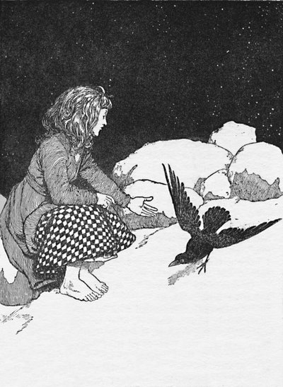Improvvisamente un grande corvo saltellò sulla neve davanti a lei, c1930 da William Heath Robinson
