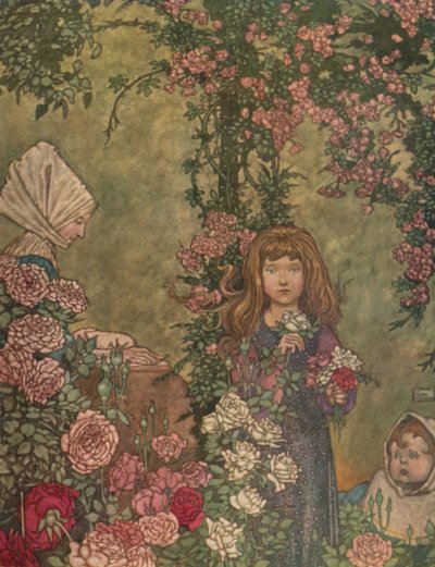 La moglie del contadino sedeva la domenica alla porta del suo cottage leggendo il suo libro di inni, c1930 da William Heath Robinson