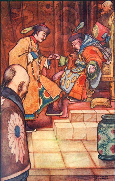 Quando il giovane cadde ai suoi piedi, il Sultano lo tenne per mano, circa 1930 da William Heath Robinson
