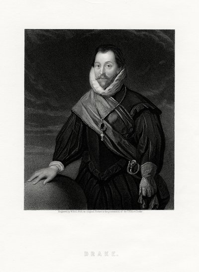 Sir Francis Drake, corsaro inglese, navigatore, pioniere navale, politico, XIX secolo da W. Holl
