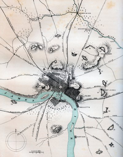 Mappa di Richmond e dintorni con tutte le batterie da W Kemble