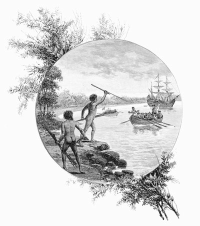 Indigeni che si oppongono allo sbarco del Capitano Cook, Australia, 1770, 1886 da W. Macleod