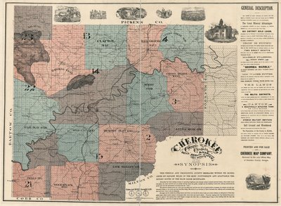 Inglese:  Mostra i numeri dei lotti e degli isolati e i nomi dei residenti. Convalidata come unica mappa ufficiale della contea di Cherokee. Due fogli uniti a formare 1, montati su tela. LC Mappe della proprietà terriera, 87 Include testo e immagini. Dispo da W. P. Bullock
