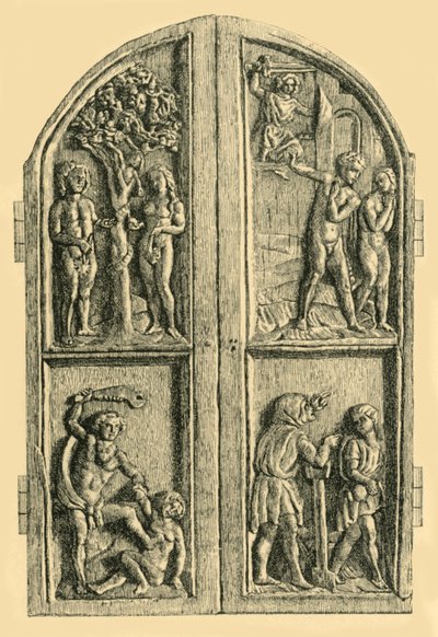 Dittico in legno con scene dal Libro della Genesi da W. Wise