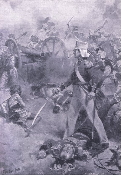 Chilianwala, 13 gennaio 1849: Il corpo di Pennycuick sorvegliato da suo figlio, illustrazione da British Battles on Land and Sea, 1915 da Wal Paget