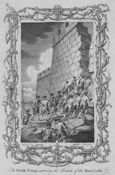 Le truppe britanniche che entrano nella breccia del Castello del Moro, c. 1770 da Walker
