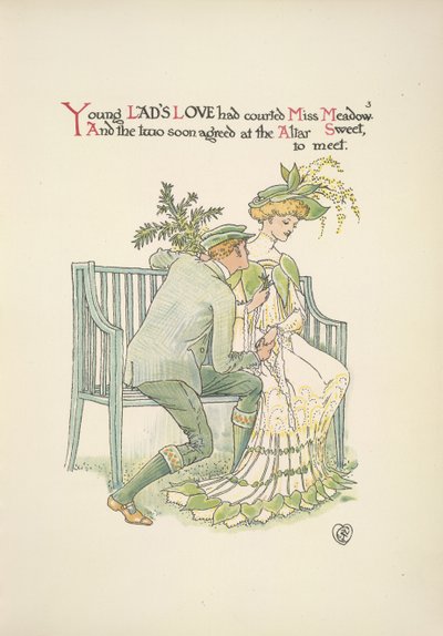Un giovane che corteggia una giovane donna, Miss Meadow da Walter Crane